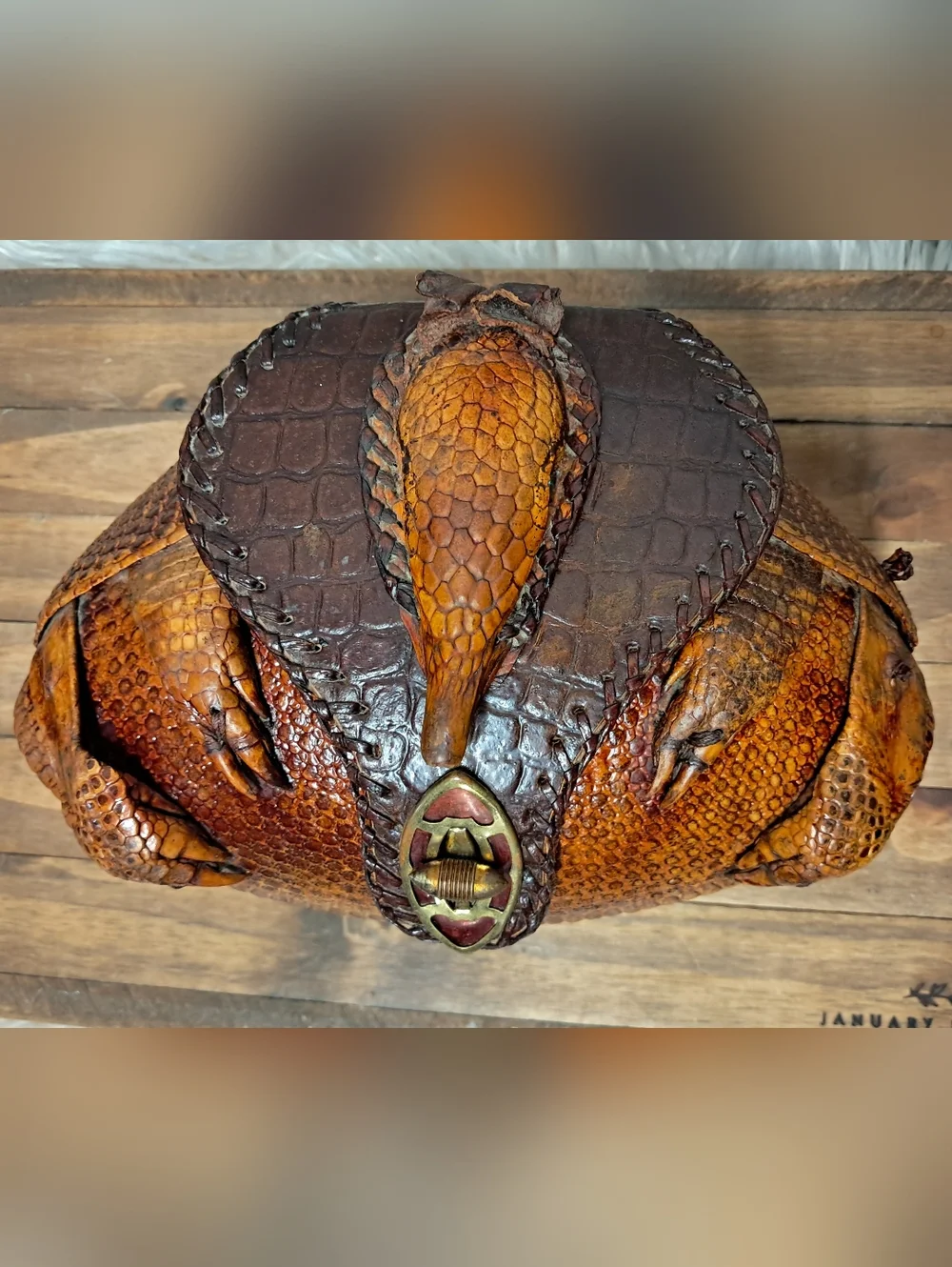 Vintage 1930's Armadillo Textured Leather Claw Accent Handbag - Picture 3 of 7